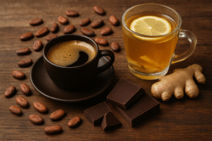 Cafe e cha com especiarias e chocolate