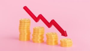 grafico de seta de renderizacao 3d descendo as pilhas de moedas