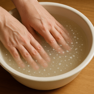 Maos em repouso em agua morna