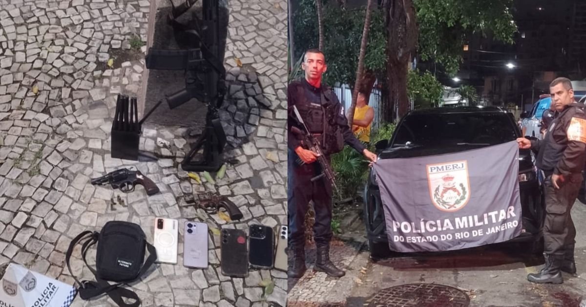 Os PMs apreenderam um veículo com registro de roubo, um bloqueador de sinal, dois revólveres, u...