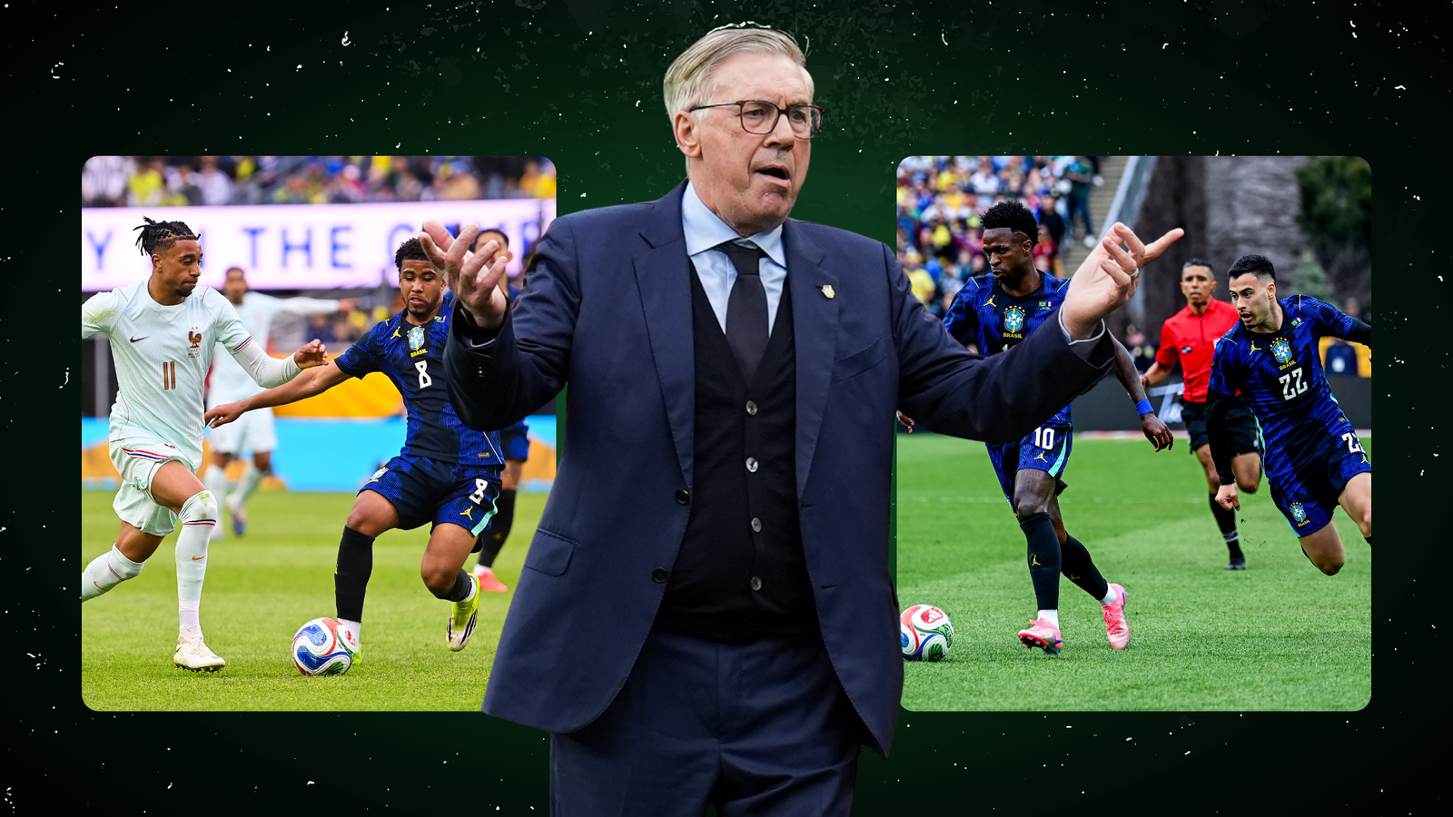 Carlo Ancelotti insistiu no esquema 4-2-4 em Brasil x França (Fotos: Emilian Baldow/Icon Sport)/...